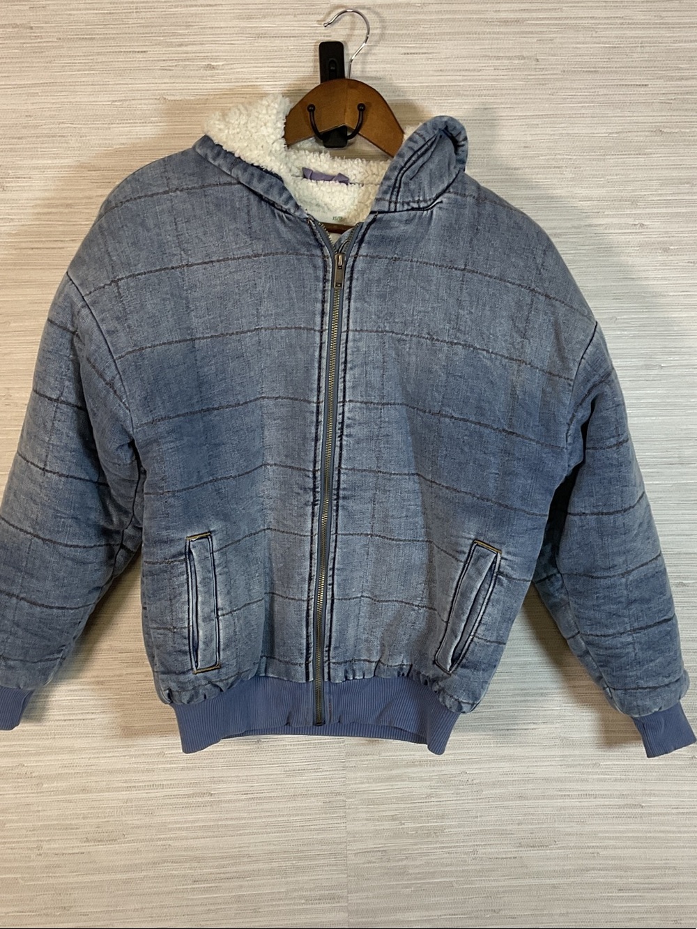 Aerie Sherpa Lined Quilted Hooded Denim Puffer Bomber Jacket XS